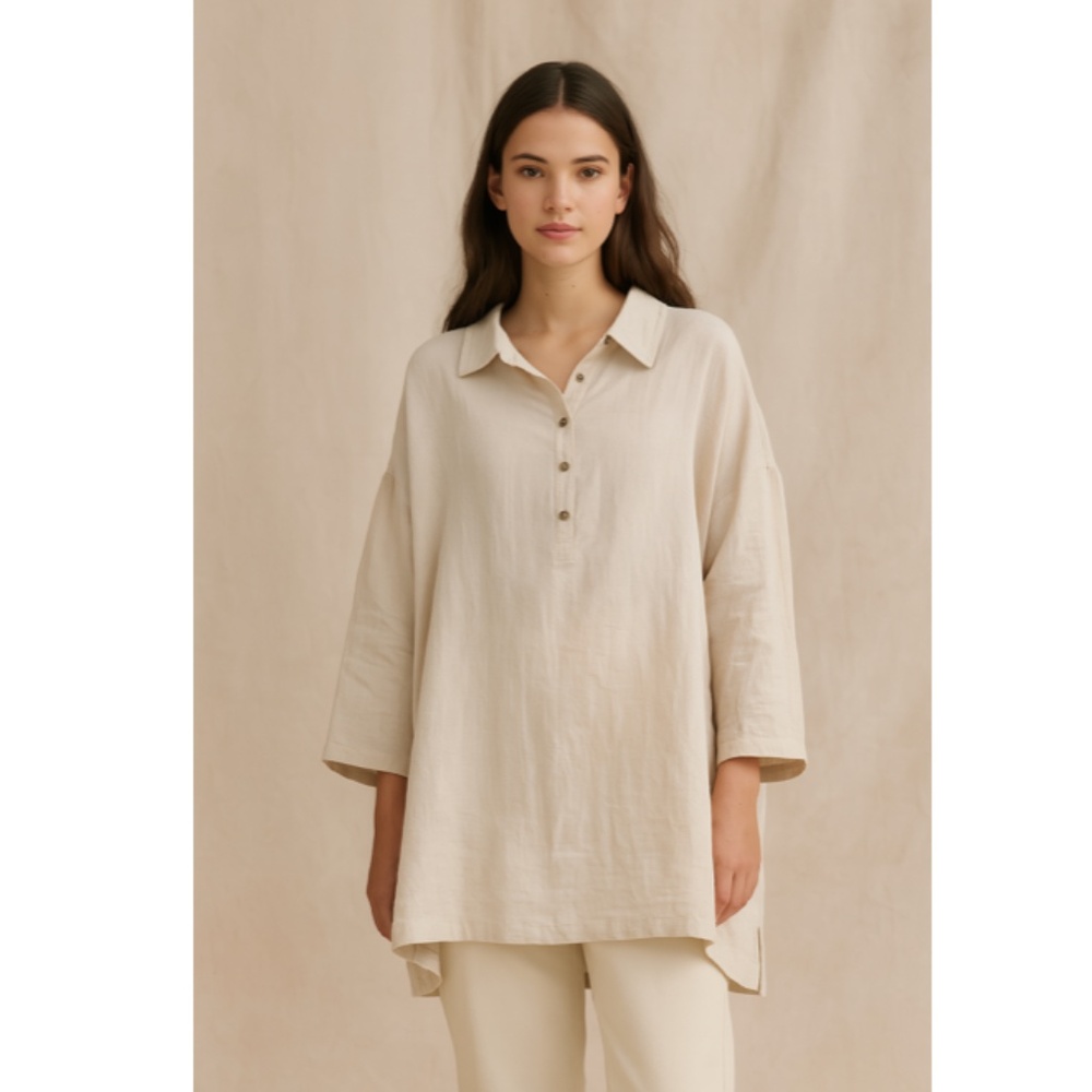 J. Jill Love Linen Women's Popover Shirt Drop Shoulder Beige ¾ Sleeves Medium